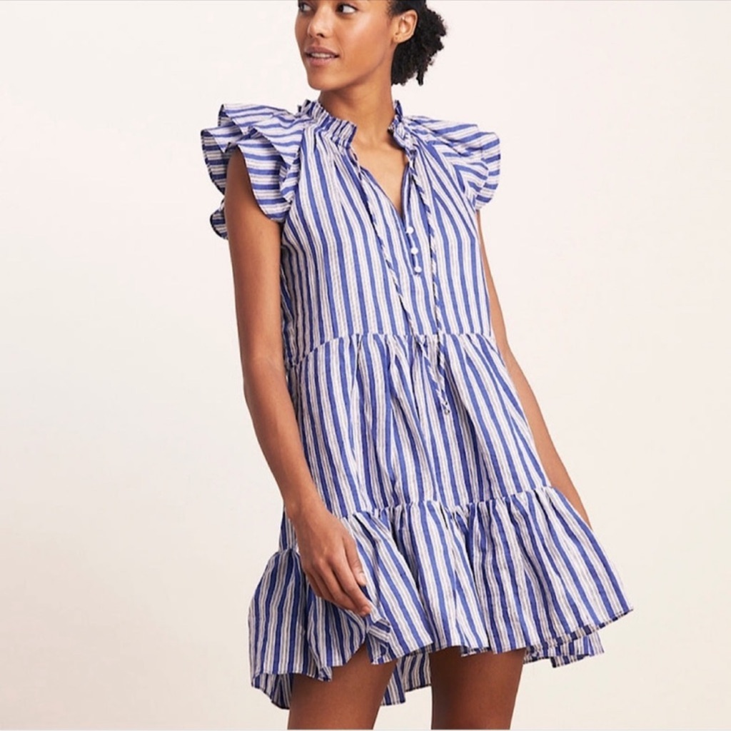 Veronica Beard Zee Plaid Flax Linen Tiered Mini Dress Cobalt Mul , 16